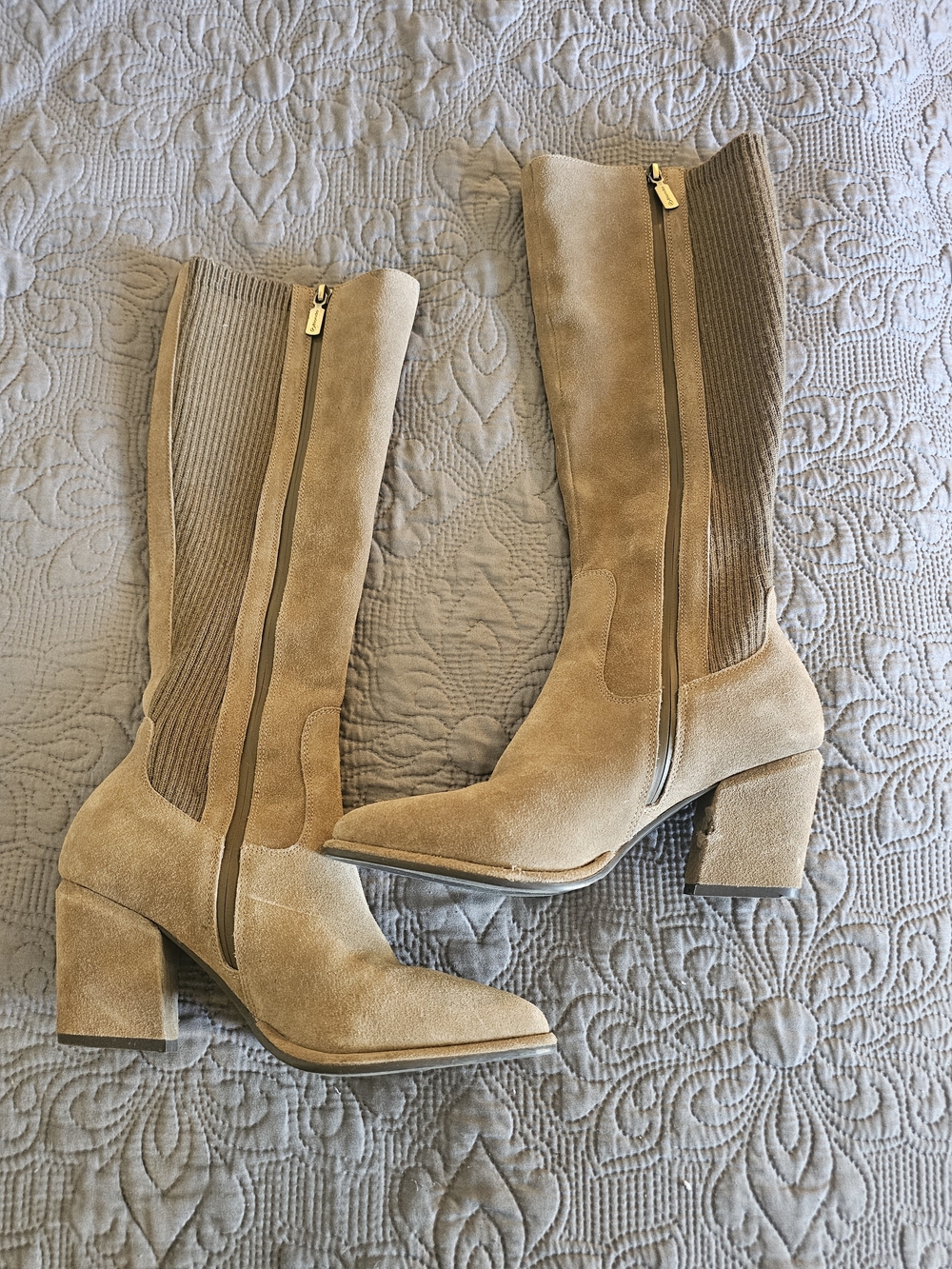 Blondo Tan Suede Mid-Calf Block Heel Boots